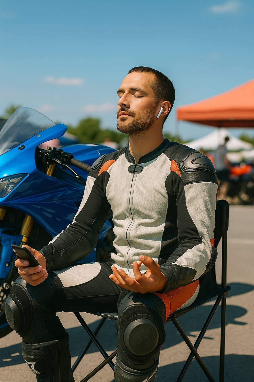 Professional motorcycle rider in focused mental preparation before track day, wearing racing gear and helmet, practicing performance breathing techniques